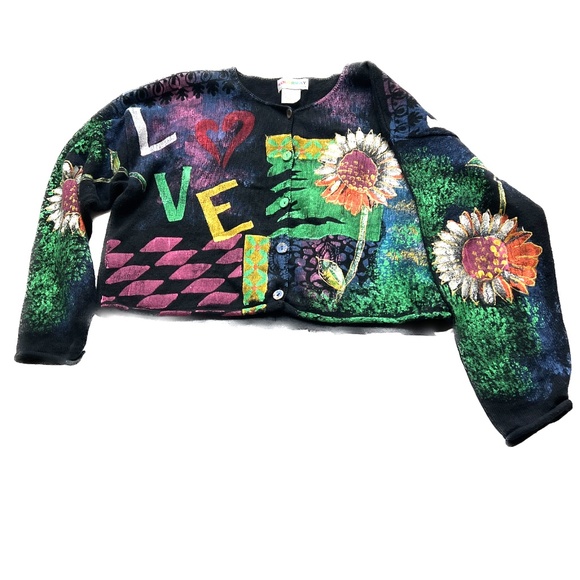 Kolorway Hand Painted Oversized Cardigan Sweater US Made  Sz 2  L-XL Floral Love - Picture 2 of 6